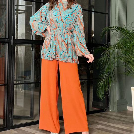 Fashion Pleated Blouse &amp; Wide Leg Pants 2 Piece Set