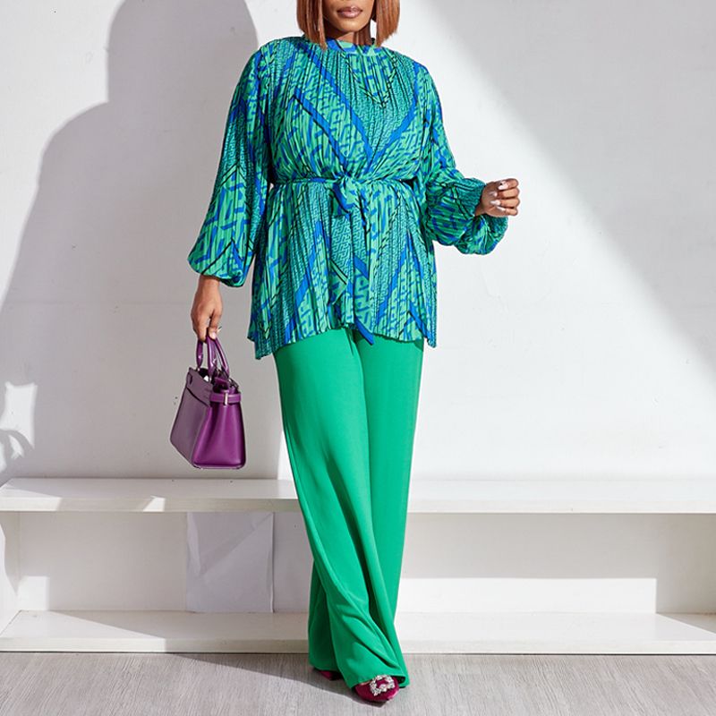 Fashion Pleated Blouse &amp; Wide Leg Pants 2 Piece Set