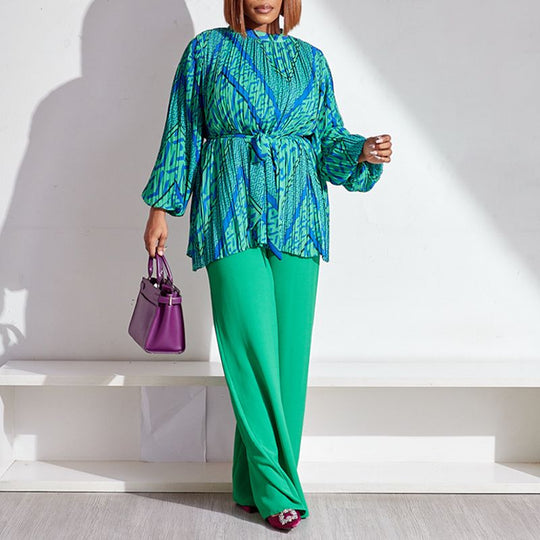 Fashion Pleated Blouse &amp; Wide Leg Pants 2 Piece Set
