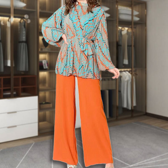 Fashion Pleated Blouse &amp; Wide Leg Pants 2 Piece Set