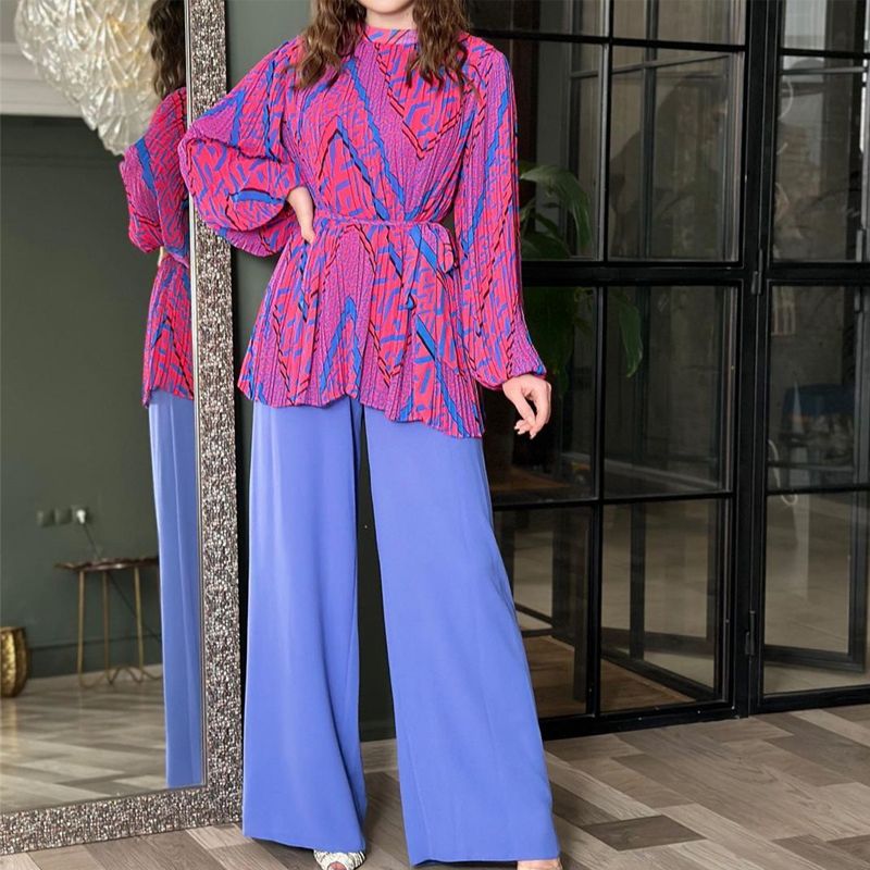 Fashion Pleated Blouse &amp; Wide Leg Pants 2 Piece Set