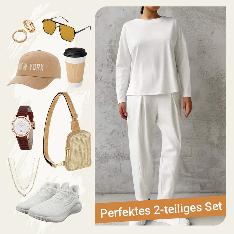 Conjunto de 2 partes con tapa de manga larga con un escote circular ＆ pantalones