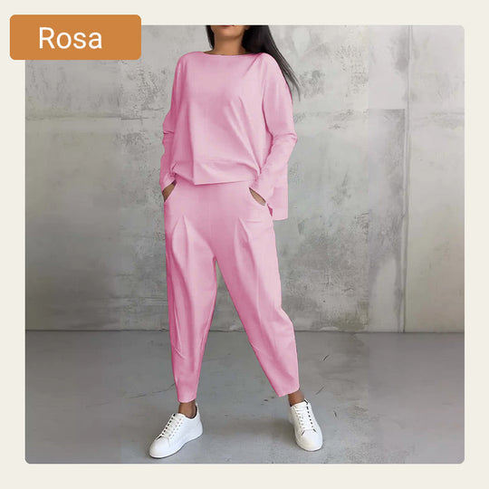 Conjunto de 2 partes con tapa de manga larga con un escote circular ＆ pantalones