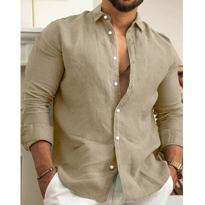Single -colored men's shirt made of cotton linen