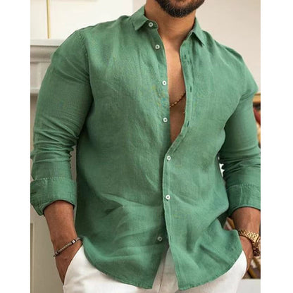 Single -colored men's shirt made of cotton linen