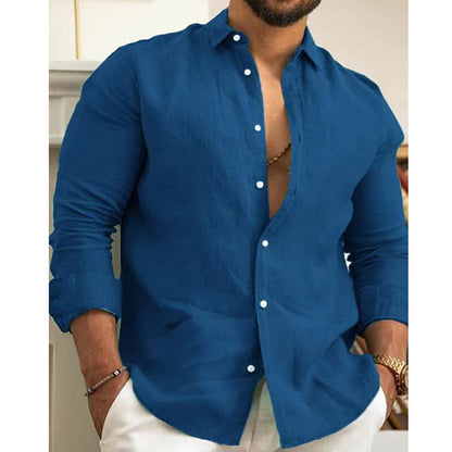 Single -colored men's shirt made of cotton linen