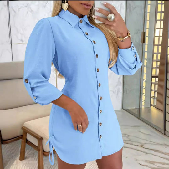 🌸Rebajas de otoño🌸Descuento del 50% por tiempo limitado💕Vestido camisero de otoño para mujer, de manga larga, color liso, con dos lados y cordón ajustable
