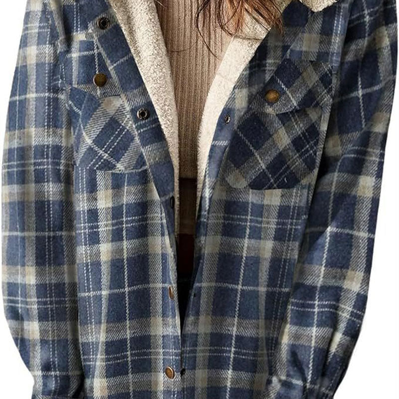 🔥Damen Herbst und Winter verdickter Flanell langärmelige karierte Kapuzenjacke