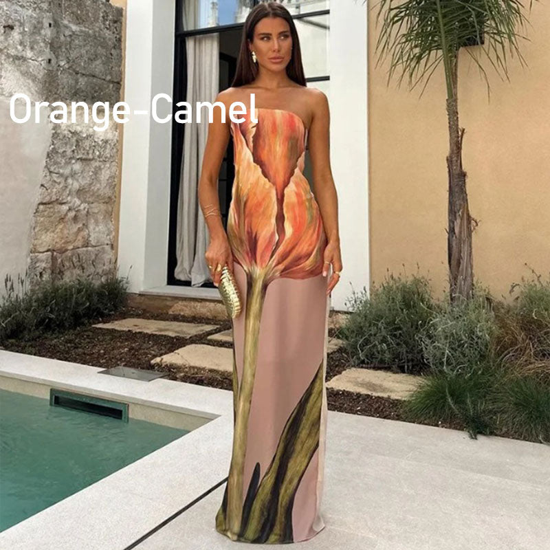 Elegantes, trägerloses Langkleid mit Blumendruck für Damen