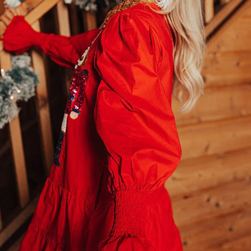 Mini vestido de manga larga con lentejuelas de cascanueces y un tapón de botón
