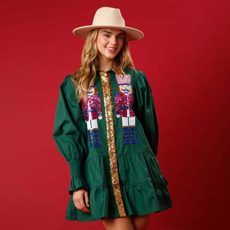 Mini vestido de manga larga con lentejuelas de cascanueces y un tapón de botón