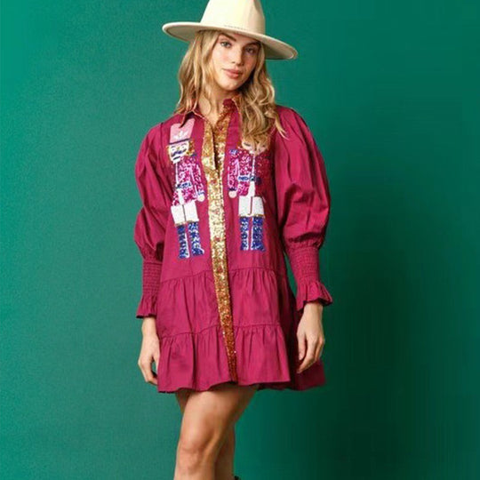 Mini vestido de manga larga con lentejuelas de cascanueces y un tapón de botón