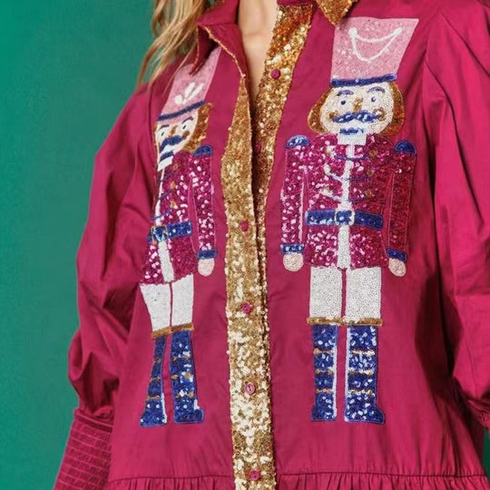 Mini vestido de manga larga con lentejuelas de cascanueces y un tapón de botón