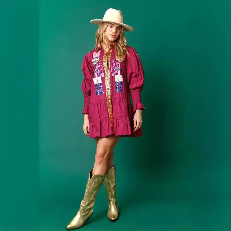 Mini vestido de manga larga con lentejuelas de cascanueces y un tapón de botón