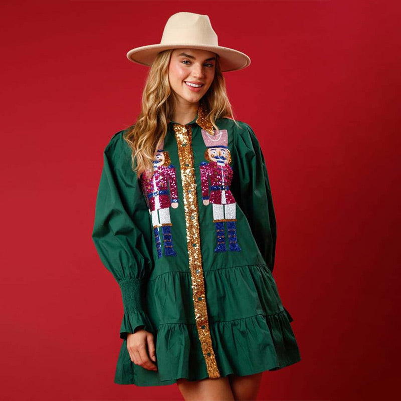 Mini vestido de manga larga con lentejuelas de cascanueces y un tapón de botón