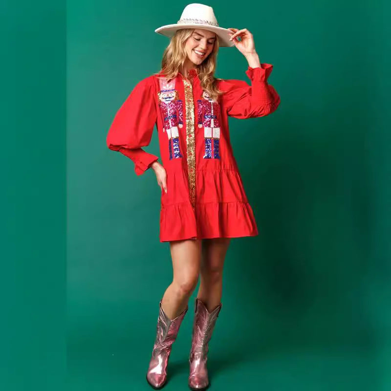 Mini vestido de manga larga con lentejuelas de cascanueces y un tapón de botón
