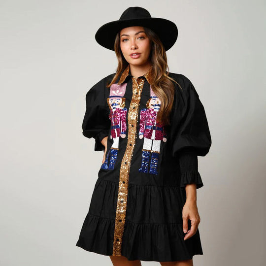 Mini vestido de manga larga con lentejuelas de cascanueces y un tapón de botón