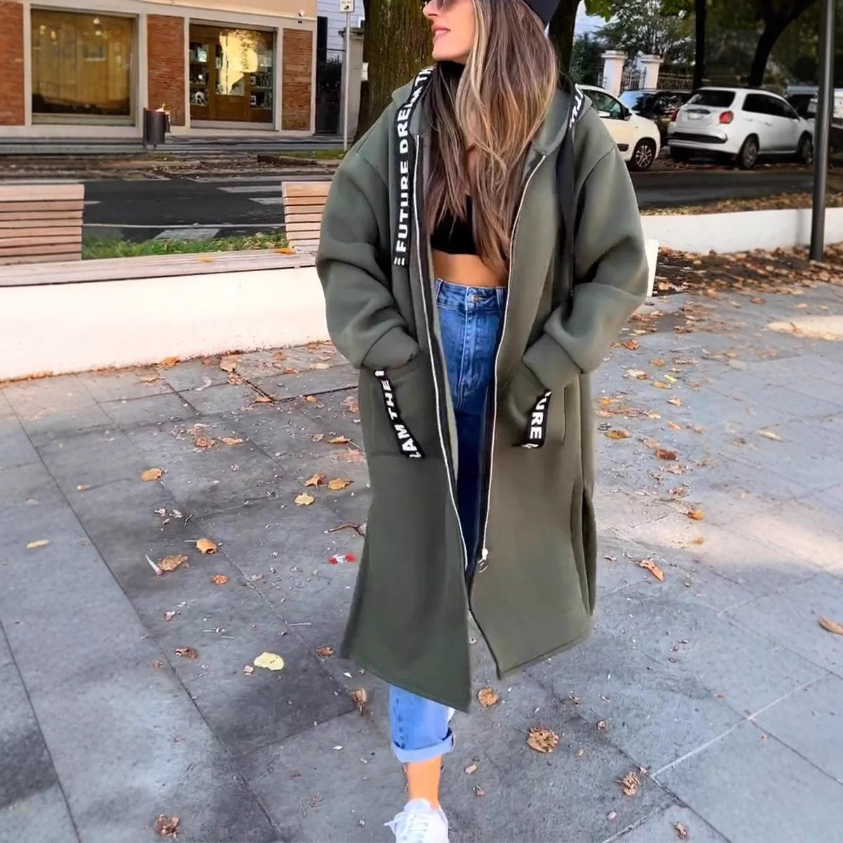 🍂Kaufen Sie 2 und erhalten Sie kostenlosen Versand🍁Lange, lässige, einfarbige Damenjacke mit Kapuze