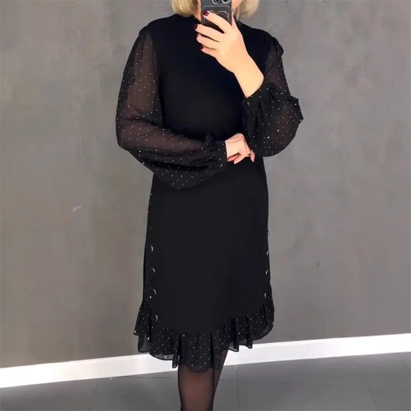 🔥Rundhalsade enfärgade klänningar med strass för kvinnor