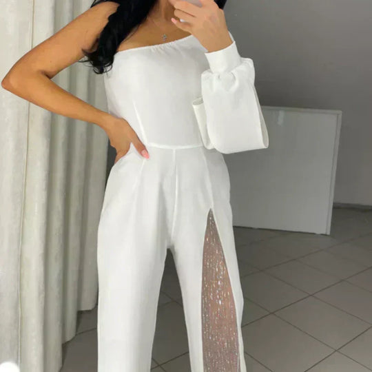 ✨👠Damen One Shoulder Glitter Mesh Flared Jumpsuit🖤 Mode Party Essential, funkeln und glänzen, ziehen Sie die Aufmerksamkeit auf sich!