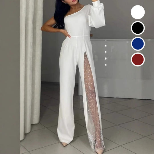 ✨👠Damen One Shoulder Glitter Mesh Flared Jumpsuit🖤 Mode Party Essential, funkeln und glänzen, ziehen Sie die Aufmerksamkeit auf sich!