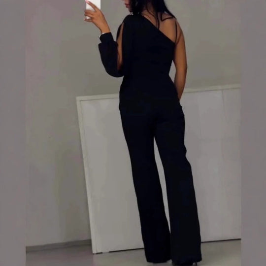 ✨👠Damen One Shoulder Glitter Mesh Flared Jumpsuit🖤 Mode Party Essential, funkeln und glänzen, ziehen Sie die Aufmerksamkeit auf sich!