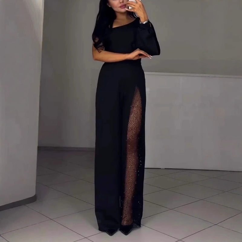 ✨👠Damen One Shoulder Glitter Mesh Flared Jumpsuit🖤 Mode Party Essential, funkeln und glänzen, ziehen Sie die Aufmerksamkeit auf sich!