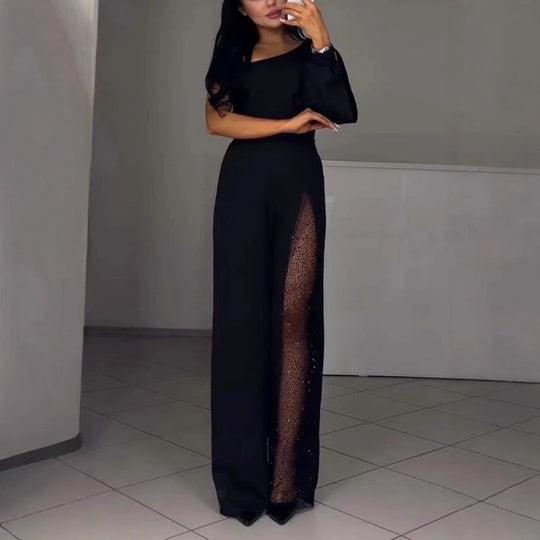 ✨👠Damen One Shoulder Glitter Mesh Flared Jumpsuit🖤 Mode Party Essential, funkeln und glänzen, ziehen Sie die Aufmerksamkeit auf sich!