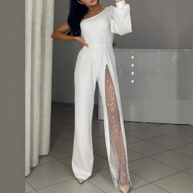 ✨👠Damen One Shoulder Glitter Mesh Flared Jumpsuit🖤 Mode Party Essential, funkeln und glänzen, ziehen Sie die Aufmerksamkeit auf sich!