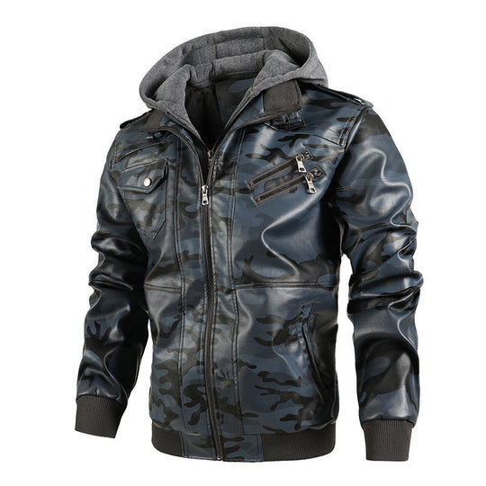 Herrenjacke aus PU-Leder mit Reißverschluss und Kapuze
