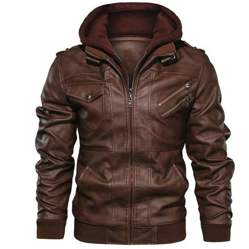 Herrenjacke aus PU-Leder mit Reißverschluss und Kapuze