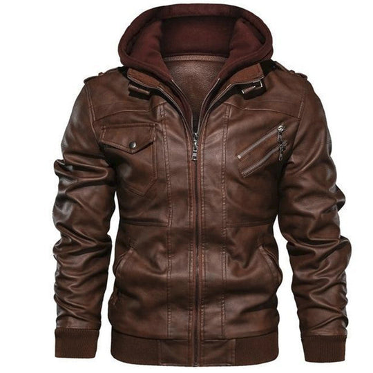 Herrenjacke aus PU-Leder mit Reißverschluss und Kapuze
