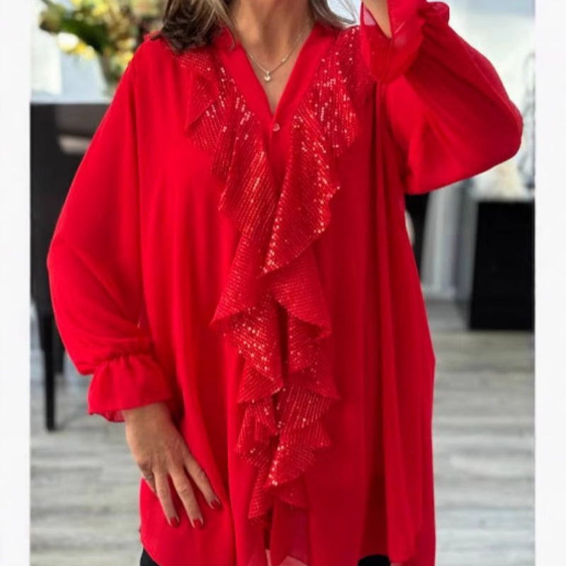 🎅 Festliche Vorratssale💥💃Langärmliges Chiffon-Shirt mit V-Ausschnitt und Pailletten für Damen🎁