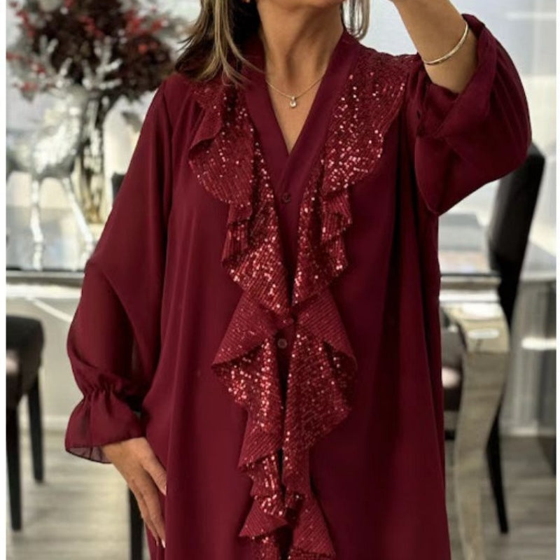 🎅 Festliche Vorratssale💥💃Langärmliges Chiffon-Shirt mit V-Ausschnitt und Pailletten für Damen🎁