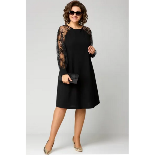 👗Heißer Verkauf-50% Rabatt✨Spitzen-Patchwork-Kleid mit Rundhalsausschnitt und langen Ärmeln