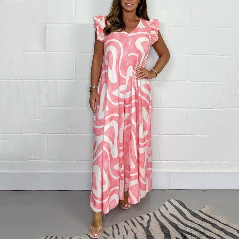 ✨Sommerlicher Jumpsuit mit gerafften, weiten Beinen und geometrischen Prints für Damen