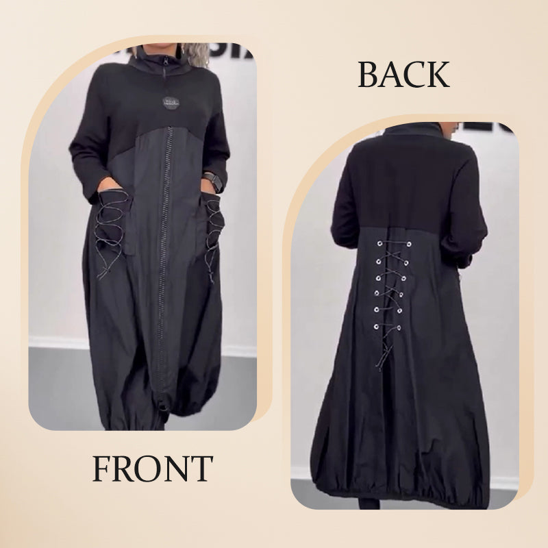 🍂Cosa dovrei indossare domani?🍂Abito a maniche lunghe con colletto color moka e coulisse【Spedizione gratuita】