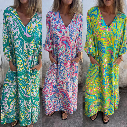 🩷Frühling HEISSER VERKAUF 50%🌹Bohemian Maxikleid mit V-Ausschnitt und abstraktem Print für Damen👗🦋