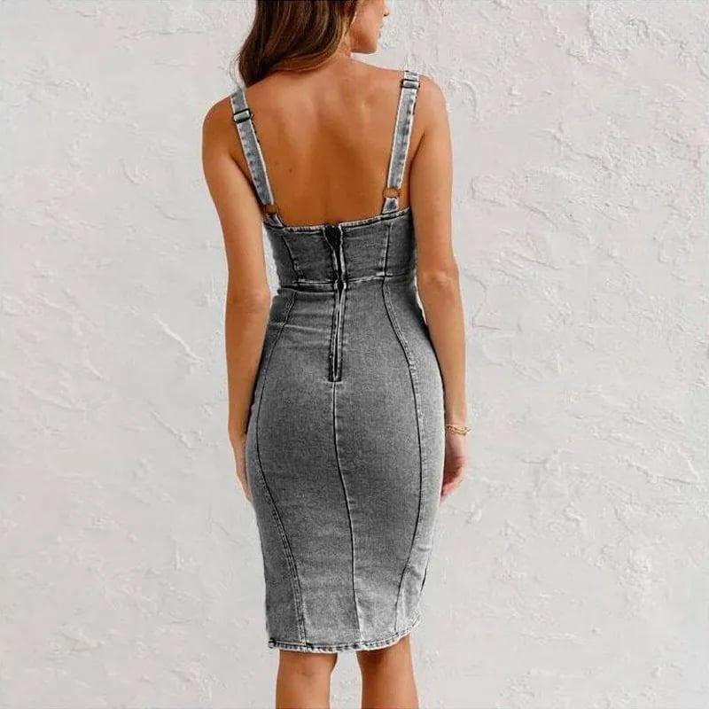 🔥HEISSER VERKAUF 52% RABATT✨Verstellbarer Träger U-Neck Split Denim Bodycon Cami-Kleid