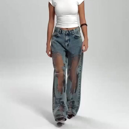 Damenjeans im Vintage-Look mit Patchwork-Print