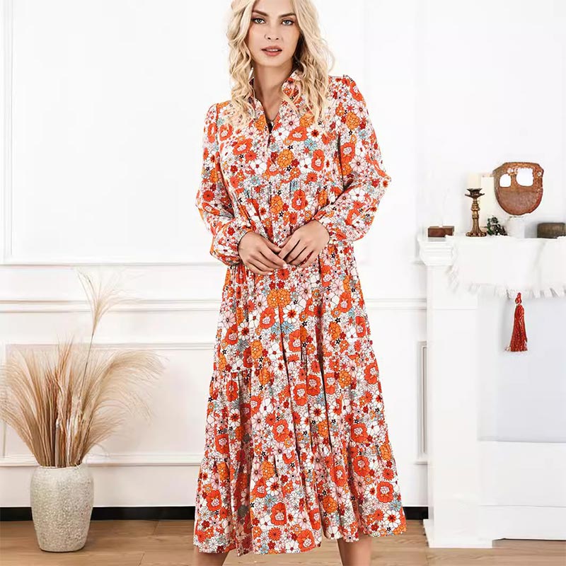 Damen Langarm V-Ausschnitt Bohemian Midi Kleid
