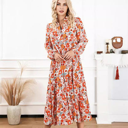 Damen Langarm V-Ausschnitt Bohemian Midi Kleid