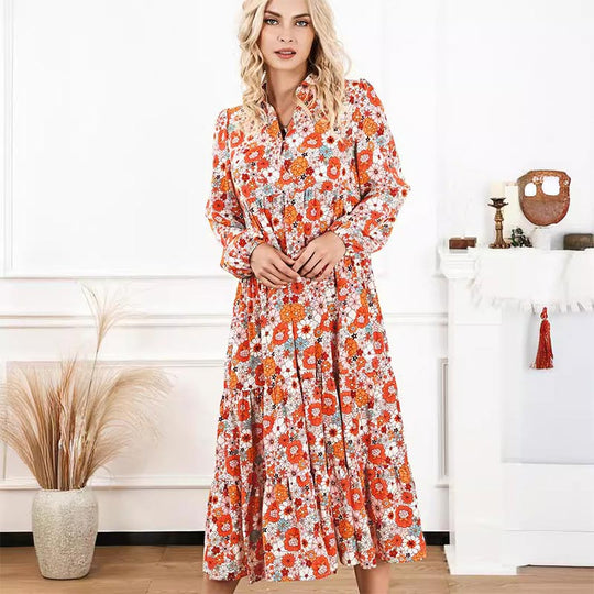 Damen Langarm V-Ausschnitt Bohemian Midi Kleid