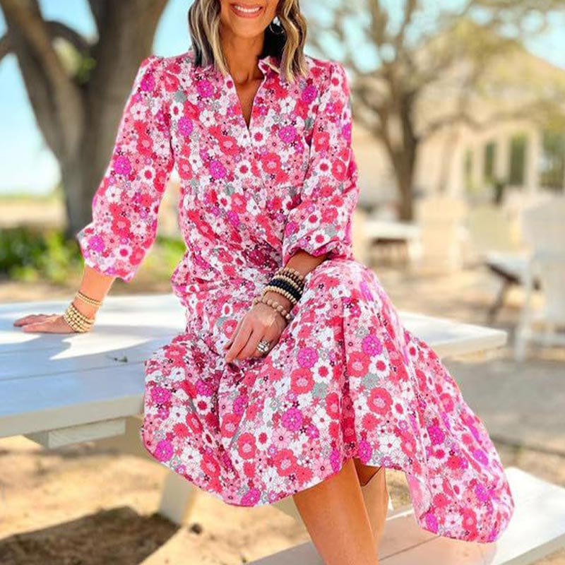 Damen Langarm V-Ausschnitt Bohemian Midi Kleid