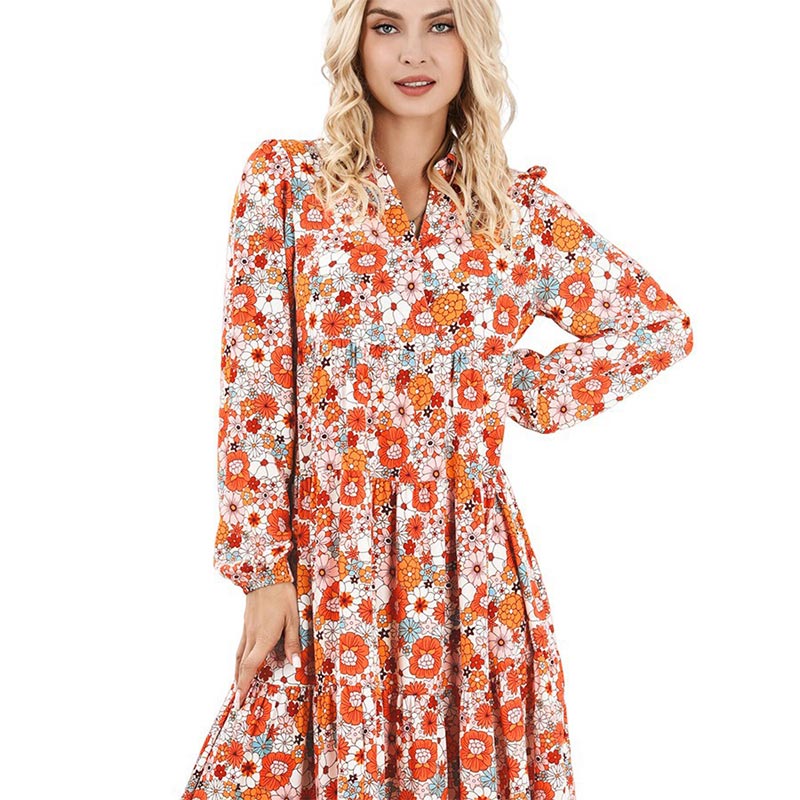Damen Langarm V-Ausschnitt Bohemian Midi Kleid