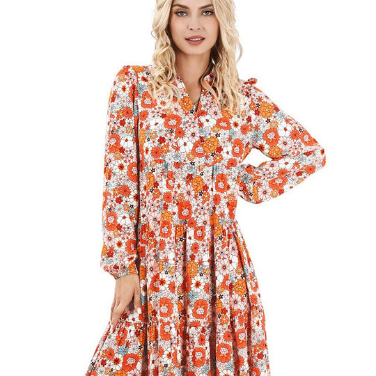 Damen Langarm V-Ausschnitt Bohemian Midi Kleid
