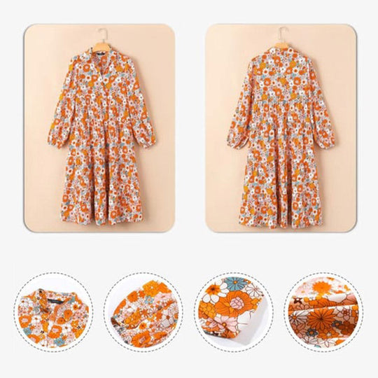 Damen Langarm V-Ausschnitt Bohemian Midi Kleid
