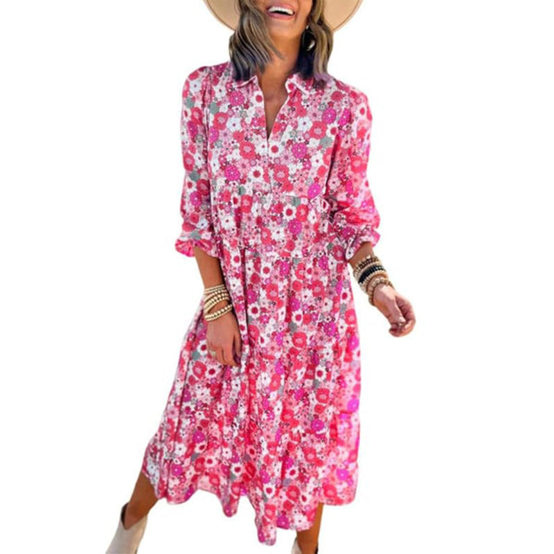 Damen Langarm V-Ausschnitt Bohemian Midi Kleid
