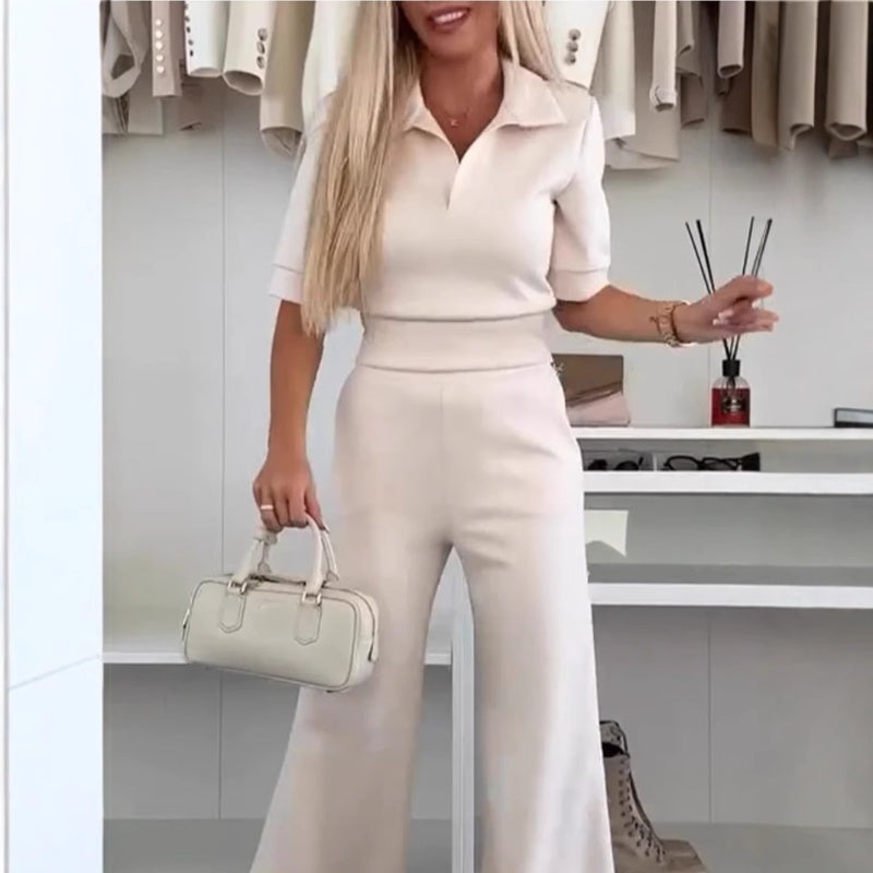 2-teiliges Set aus einfarbigem Reversoberteil und Hose mit weitem Bein