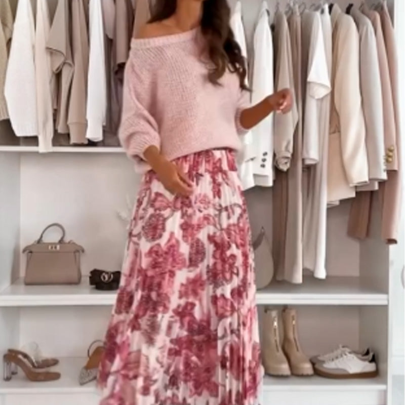 🌸Crew Neck Top &amp; Printed Belted Skirt Set🌸